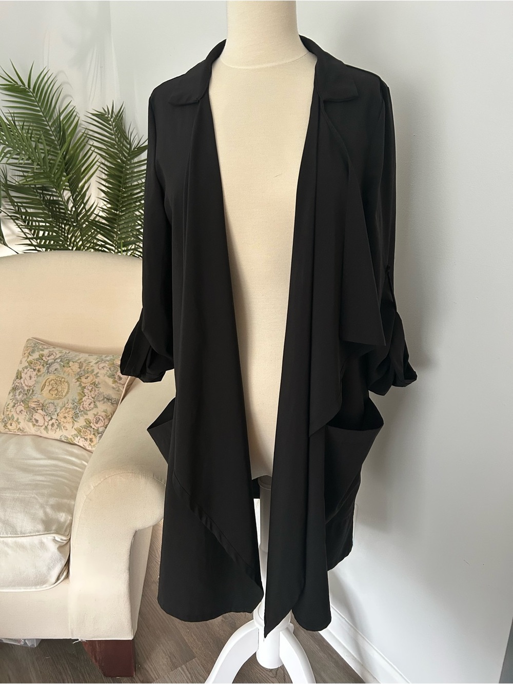 SugarMint Black Lightweight Draped Duster / Open-Front Jacket